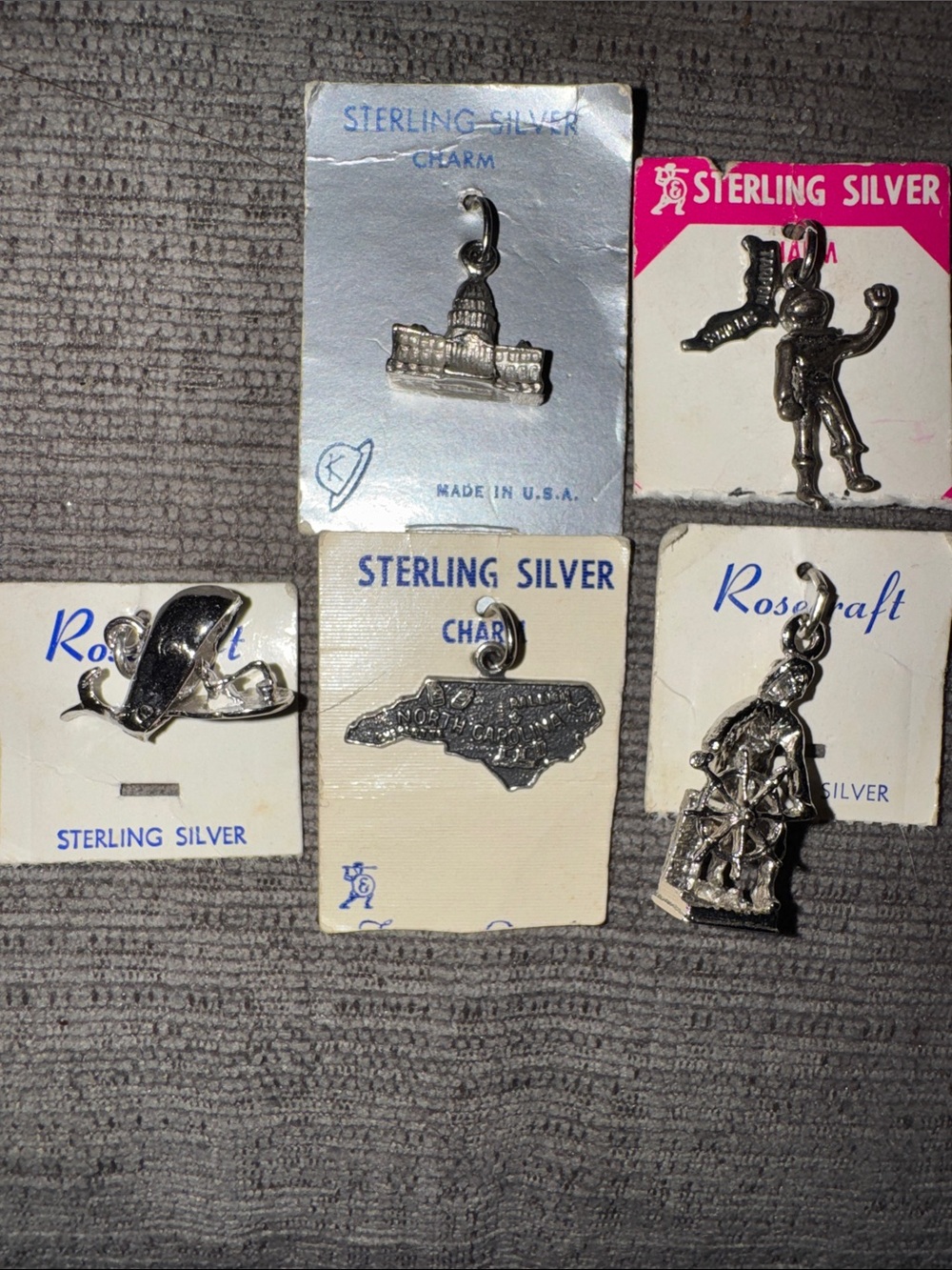 Vintage Sterling Silver Travel Souvenir Charms NIP Lot of 5 - Rosecraft